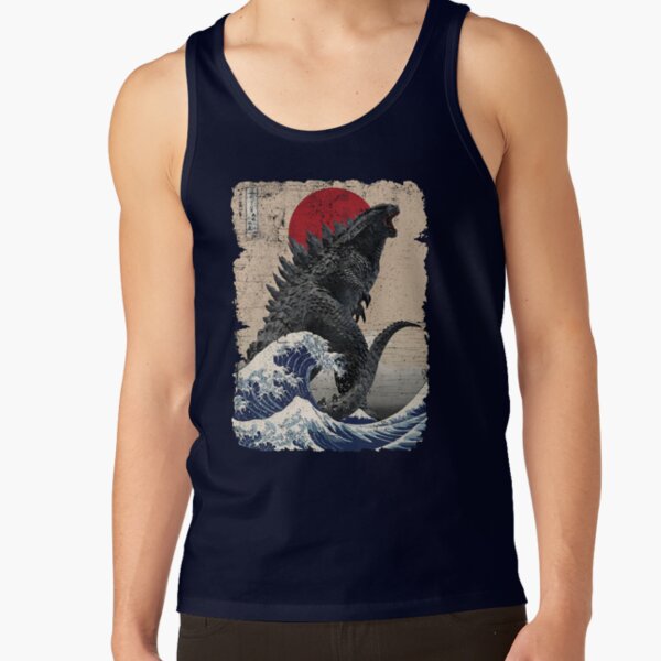 Godzilla Surfing Great Wave Vintage Hokusai Tank Top - Image 5