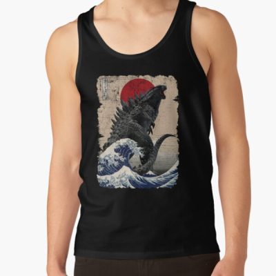 Godzilla Surfing Great Wave Vintage Hokusai Tank Top