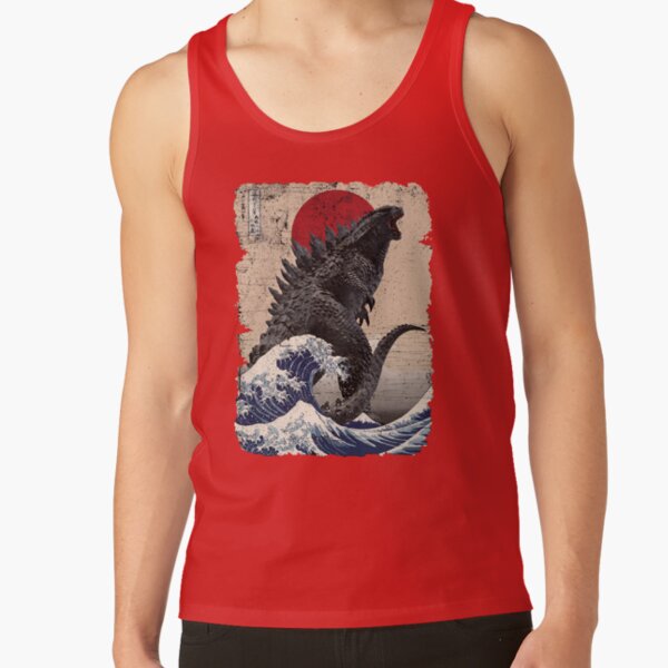Godzilla Surfing Great Wave Vintage Hokusai Tank Top - Image 4