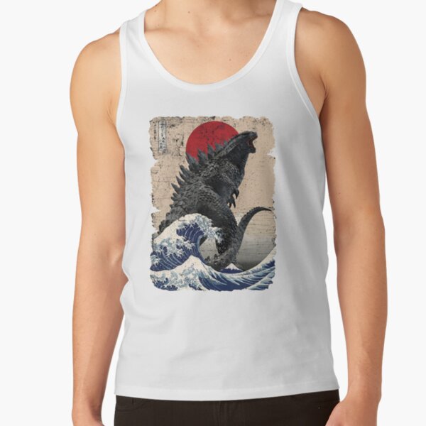 Godzilla Surfing Great Wave Vintage Hokusai Tank Top - Image 2