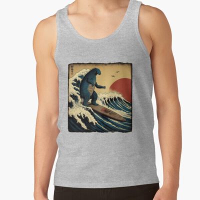 Godzilla Surfing Great Wave Hokusai Funny Kaiju Tank Top