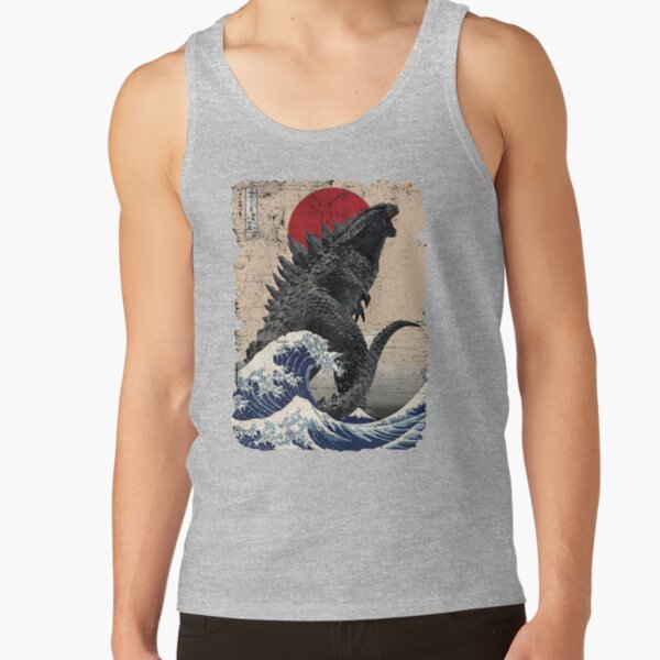 Godzilla Surfing Great Wave Vintage Hokusai Tank Top - Image 3