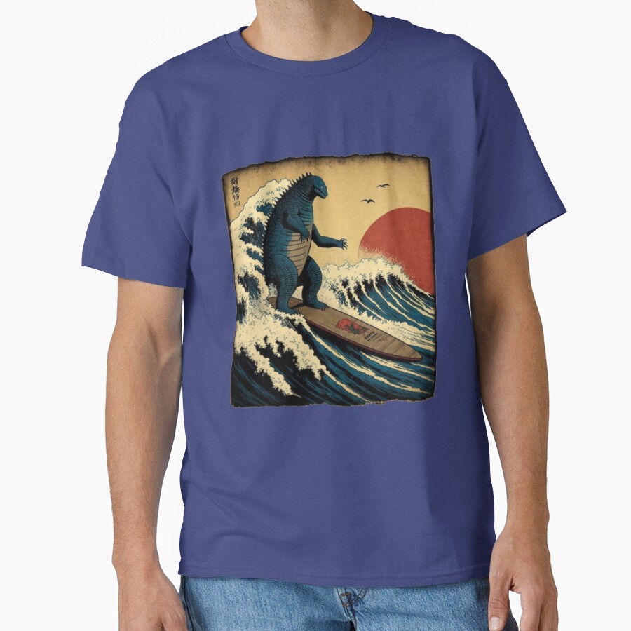 Godzilla Surfing Great Wave Hokusai Funny Kaiju T-shirt