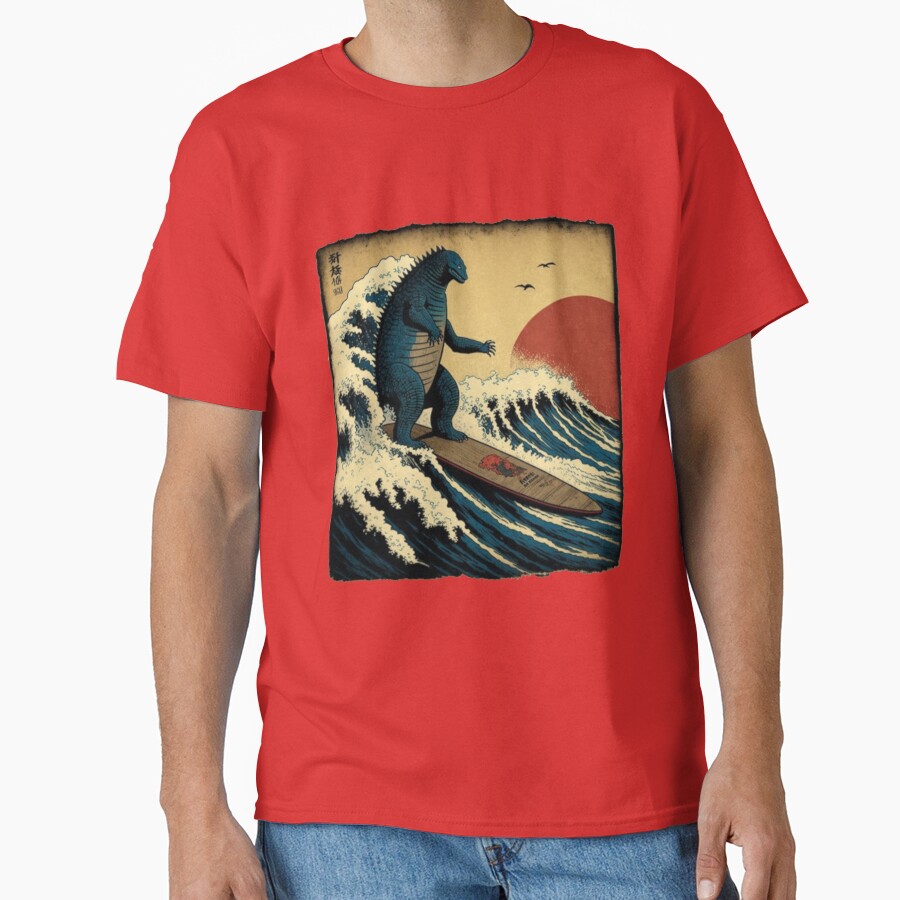 Godzilla Surfing Great Wave Hokusai Funny Kaiju T-shirt - Image 5