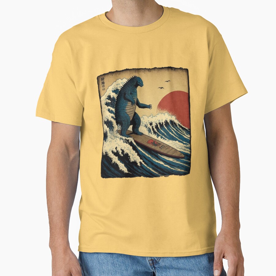 Godzilla Surfing Great Wave Hokusai Funny Kaiju T-shirt - Image 6