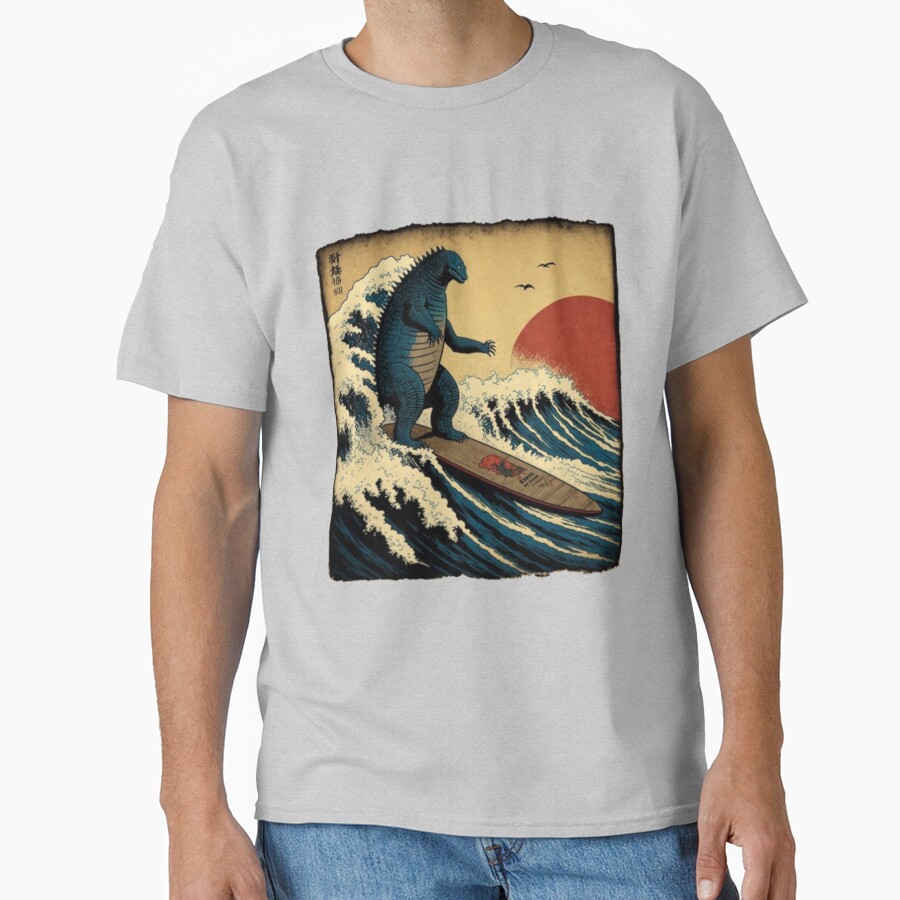 Godzilla Surfing Great Wave Hokusai Funny Kaiju T-shirt - Image 4