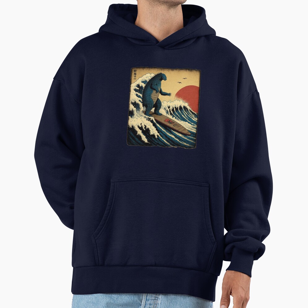 Godzilla Surfing Great Wave Hokusai Funny Kaiju Hoodie - Image 5