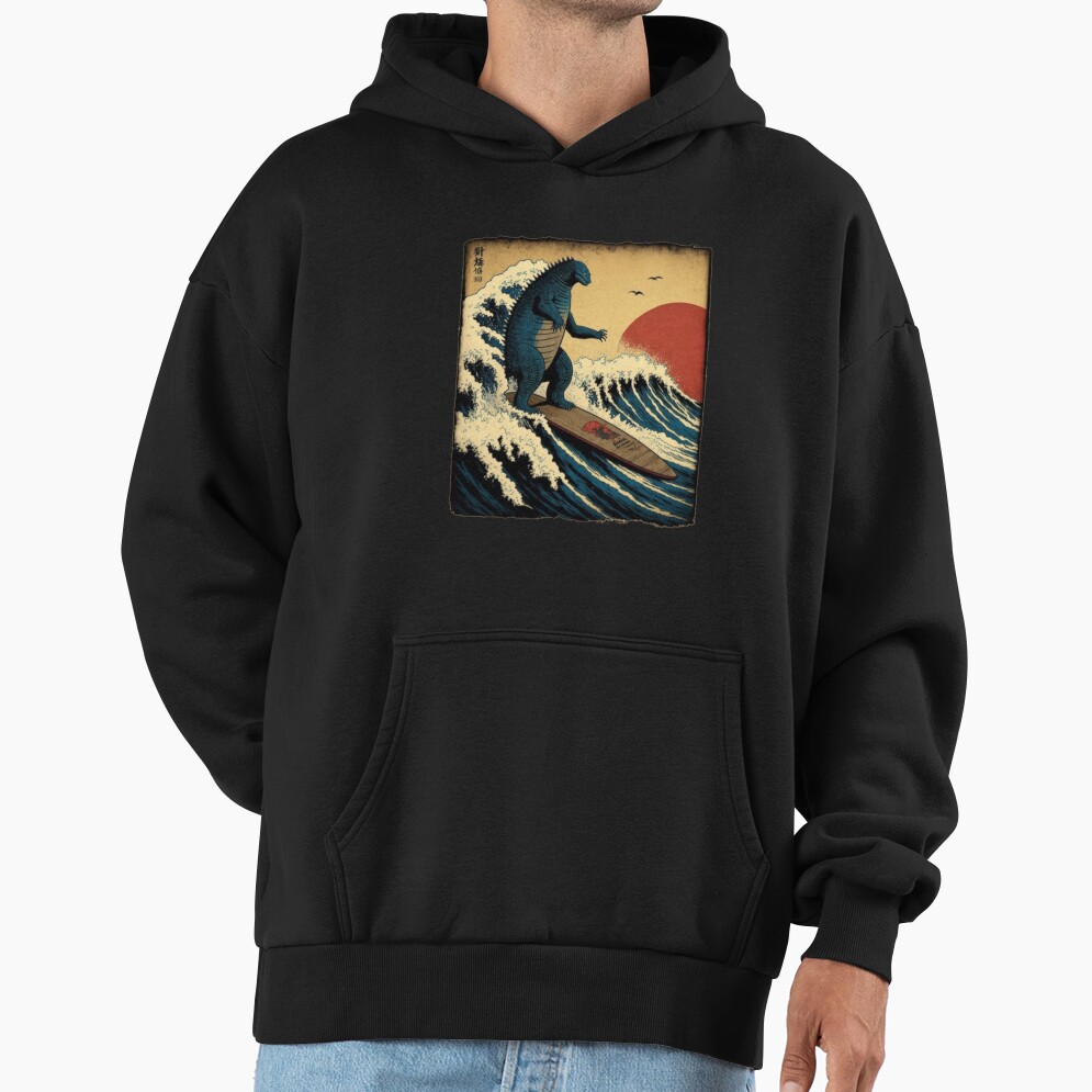 Godzilla Surfing Great Wave Hokusai Funny Kaiju Hoodie - Image 3