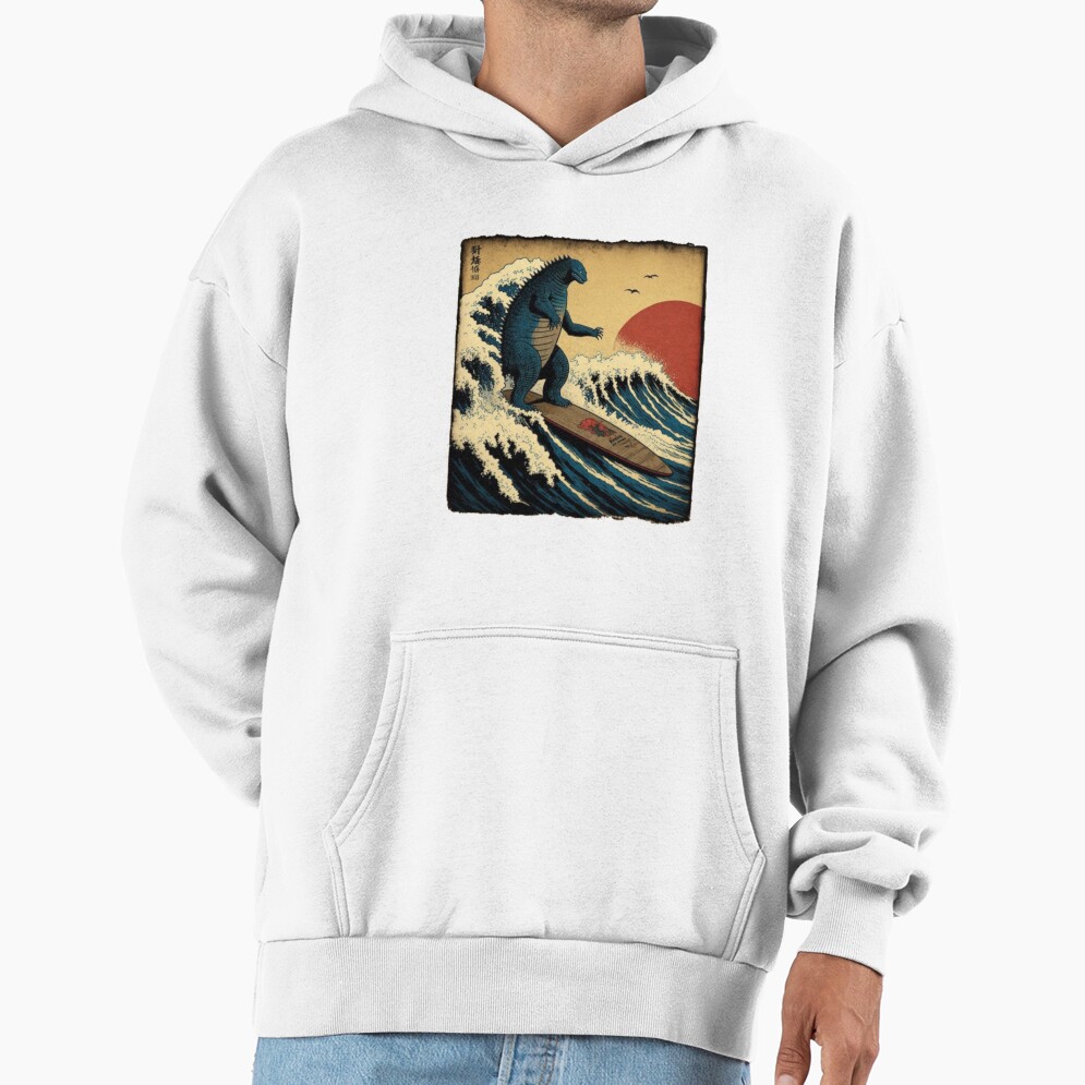 Godzilla Surfing Great Wave Hokusai Funny Kaiju Hoodie - Image 2