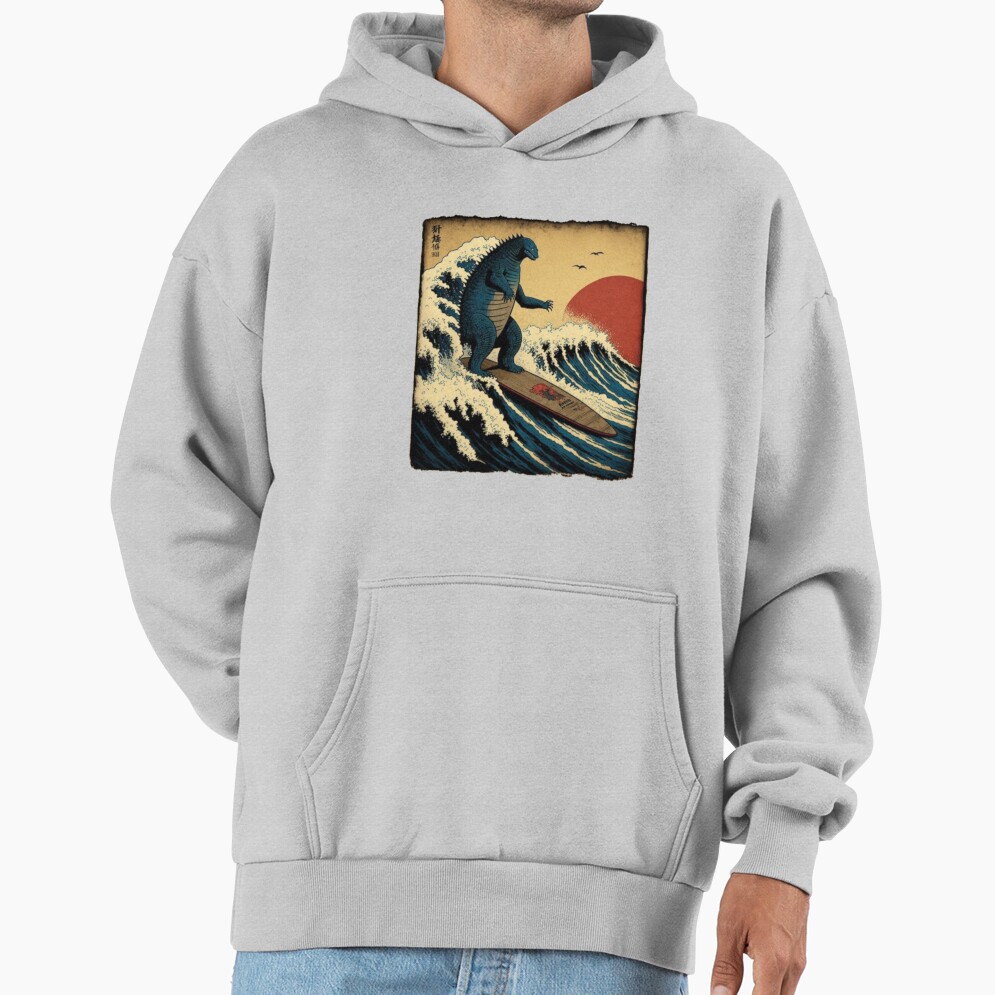Godzilla Surfing Great Wave Hokusai Funny Kaiju Hoodie - Image 4