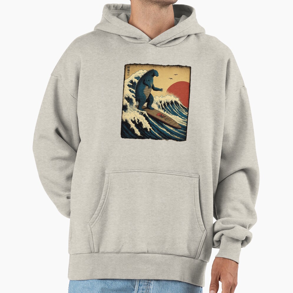 Godzilla Surfing Great Wave Hokusai Funny Kaiju Hoodie