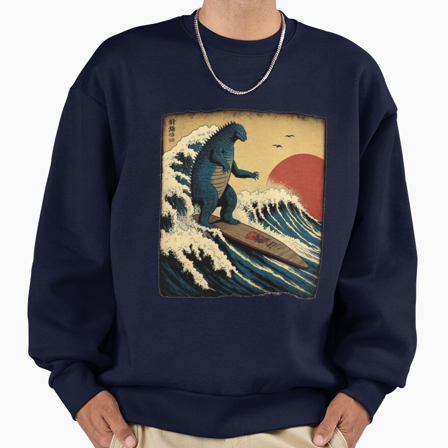 Godzilla Surfing Great Wave Hokusai Funny Kaiju Sweatshirt - Image 5