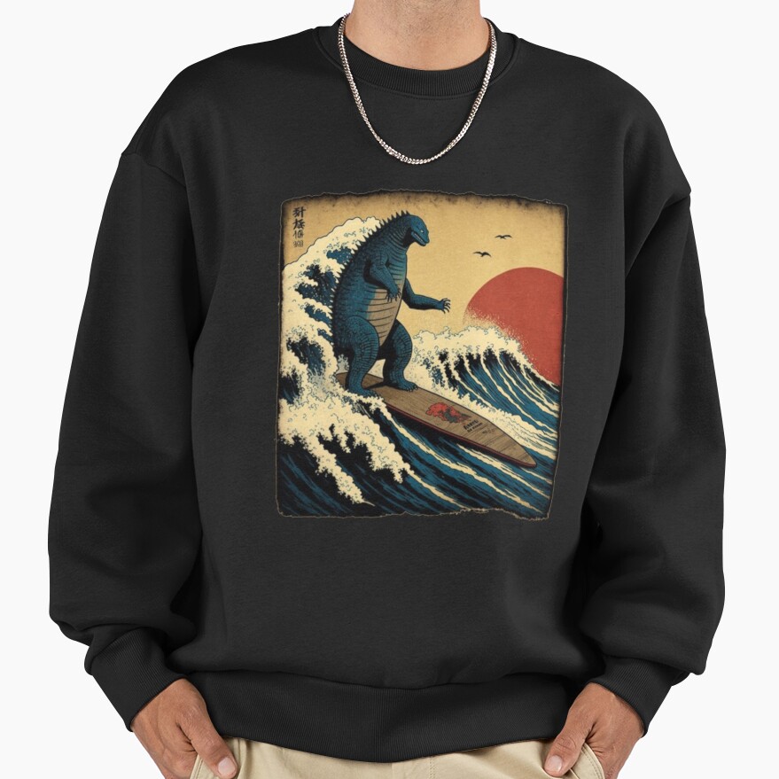 Godzilla Surfing Great Wave Hokusai Funny Kaiju Sweatshirt - Image 3