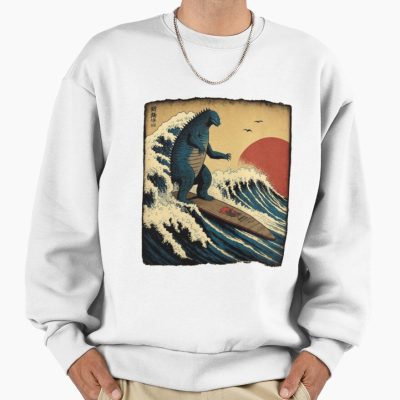 Alternative view of Godzilla Surfing Great Wave Hokusai Funny Kaiju Sweatshirt