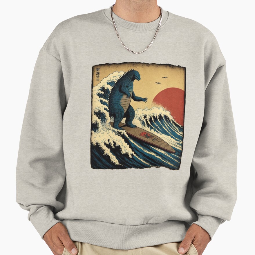 Godzilla Surfing Great Wave Hokusai Funny Kaiju Sweatshirt