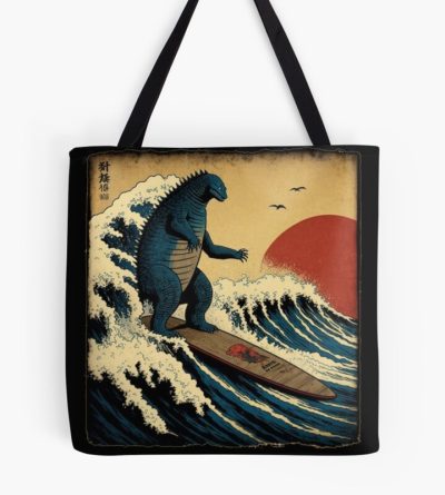 Godzilla Surfing Great Wave Hokusai Funny Tote Bag