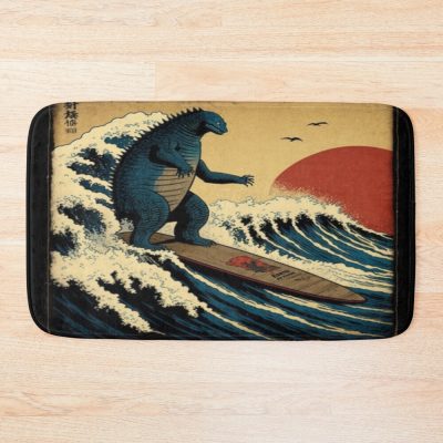 Godzilla Surfing Great Wave Hokusai Funny Bath Mat