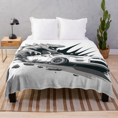 Kaiju Monster Vs Car Destruction Chaos Throw Blanket