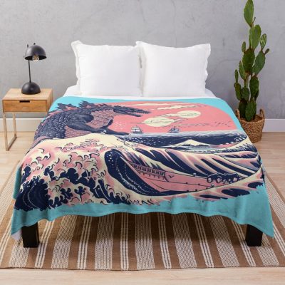 Godzilla Great Wave Ocean Kaiju Art Throw Blanket