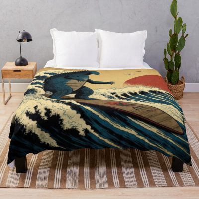 Godzilla Surfing Great Wave Hokusai Funny Throw Blanket