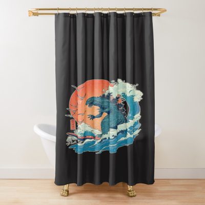 Godzilla Surfing Great Wave Hokusai Parody Shower Curtain