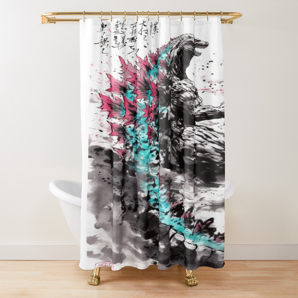 Godzilla Atomic Neon Sumi-e Ink Art Shower Curtain