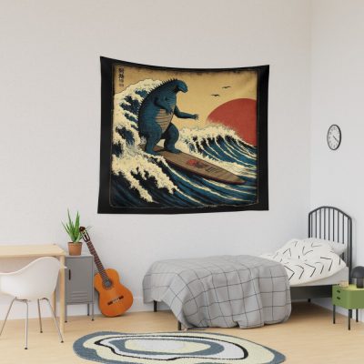 Godzilla Surfing Great Wave Hokusai Funny Tapestry