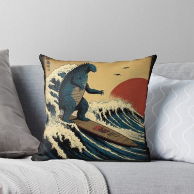 Godzilla Surfing Great Wave Hokusai Funny Throw Pillow