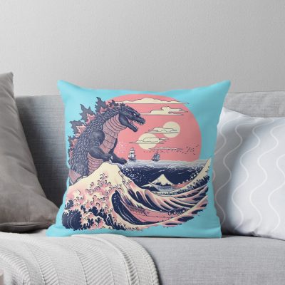 Godzilla Great Wave Ocean Kaiju Art Throw Pillow