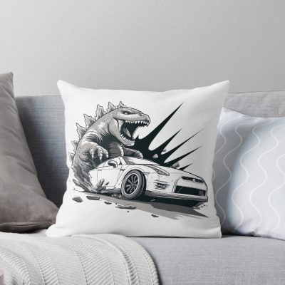 Kaiju Monster Vs Car Destruction Chaos Throw Pillow