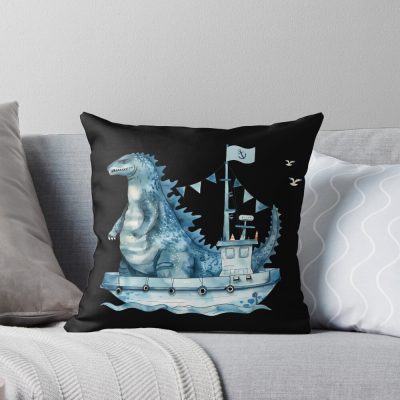 Kaiju Fishing Seaside Fun Monster Scene Throw Pillow